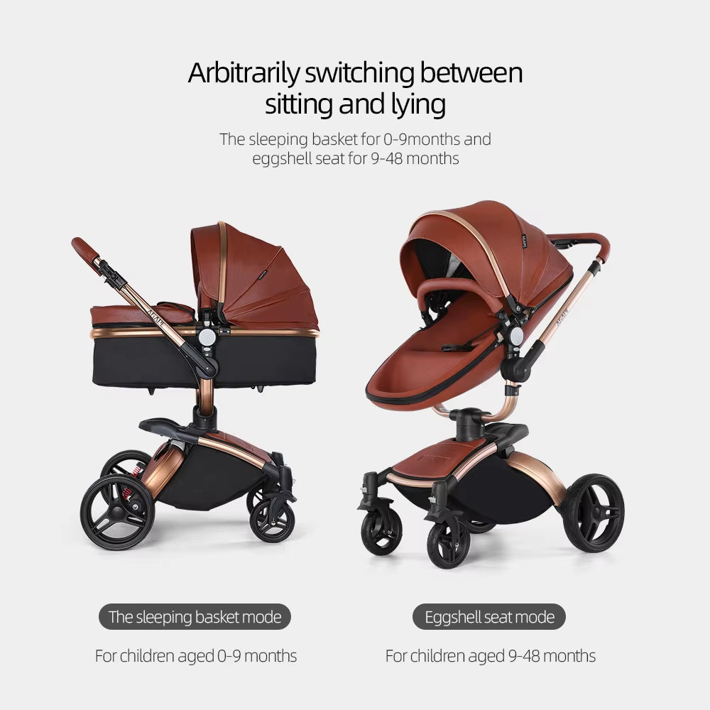 Baby Stroller 3 in 1 Luxury Pram for Newborn Carriage PU Leather High Landscape Trolley Car 360 Rotating Baby Pushchair Shell