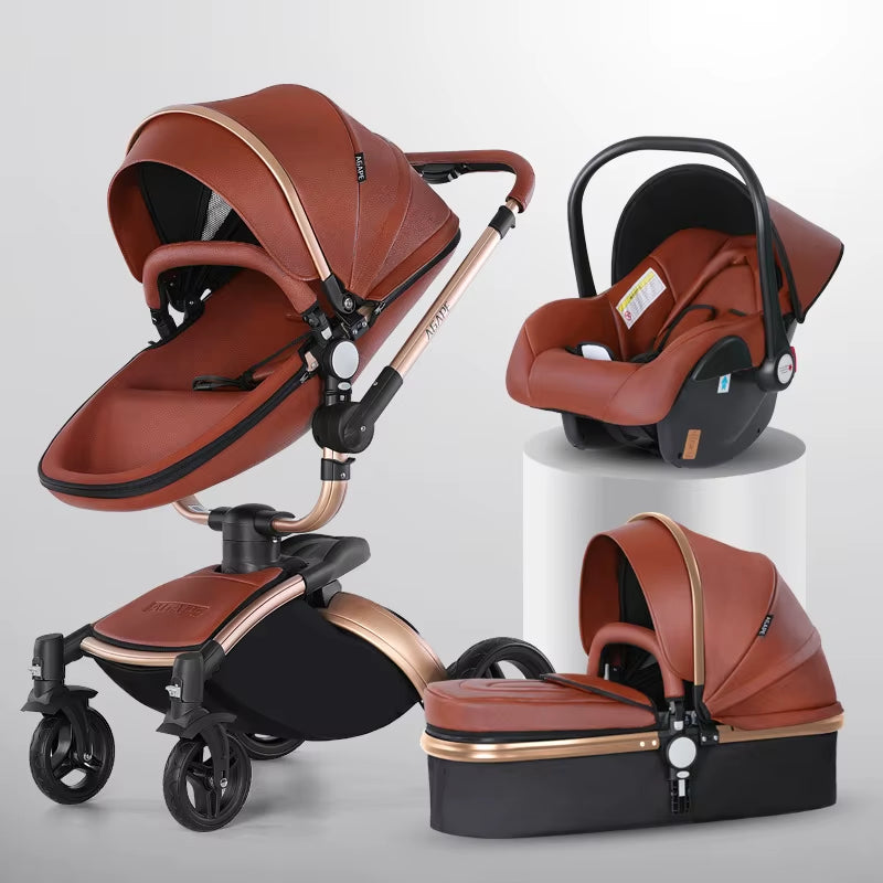 Baby Stroller 3 in 1 Luxury Pram for Newborn Carriage PU Leather High Landscape Trolley Car 360 Rotating Baby Pushchair Shell