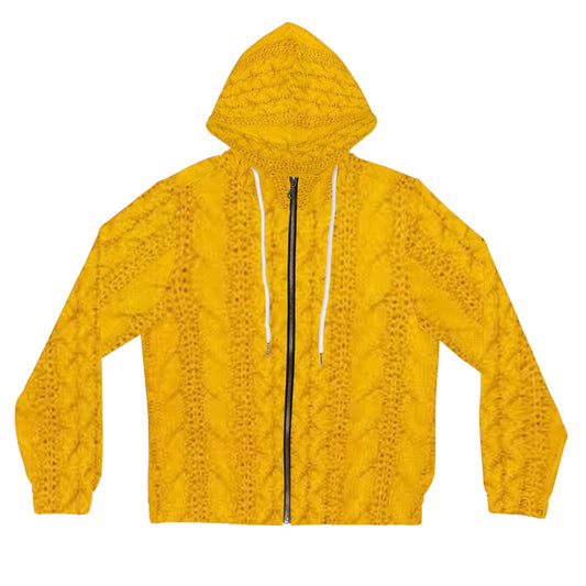 Cozy Yellow Knit Pattern Full-Zip Hoodie, Warm Casual Layer, Fall Fashion, Perfect for Cozy Nights, Gift for Her