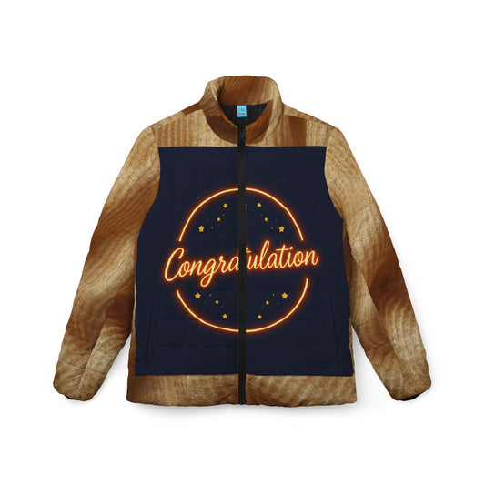 Celebration Women’s Puffer Jacket, Cozy Outerwear, Stylish Gift, Winter Fashion, Holiday Jacket, Congrats Apparel
