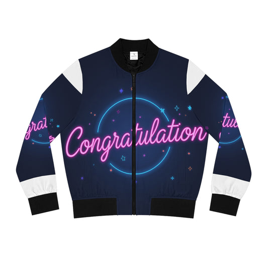 Women's Congratulations Bomber Jacket, Trendy Outerwear, Stylish Gift for Her, Perfect for Celebrations, Customizable Fashion