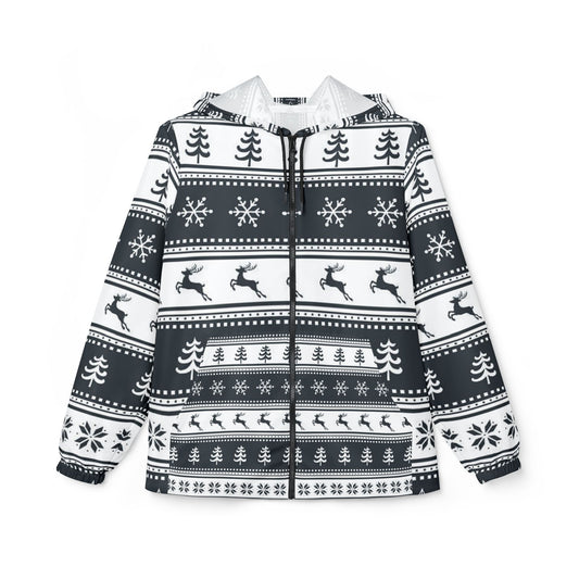 Festive Windbreaker Jacket, Cozy Christmas Outerwear, Unisex Holiday Jacket, Snowflake Print Raincoat, Winter Fashion Gift