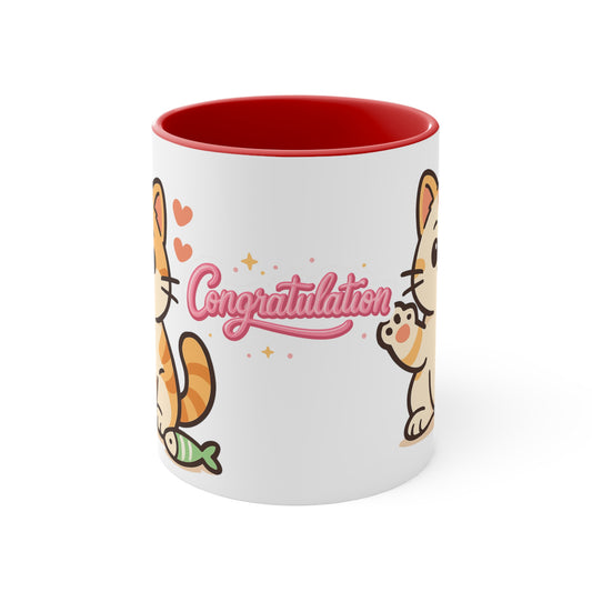 Celebratory Cat Accent Mug - Cute Congratulation Gift, Cat Lover Coffee Cup, Animal Art Mug, Joyful Drinkware, Cute Kitty Gift