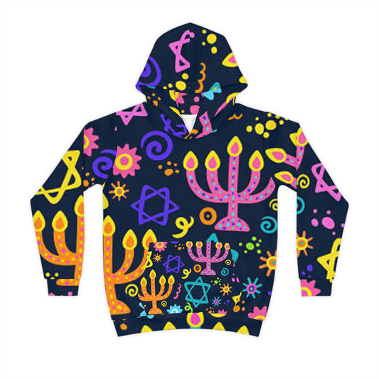 Vibrant Kids' Hoodie with Menorah and Stars, Cozy Holiday Wear, Perfect for Hanukkah, Gift for Children, Playful Design