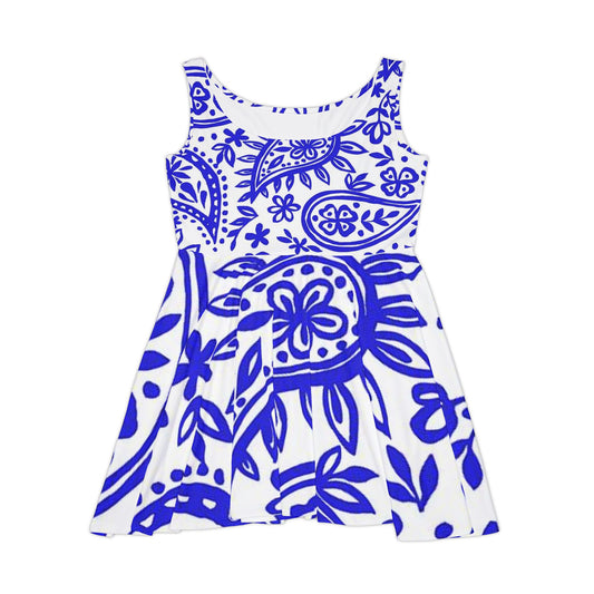 Blue Paisley Women's Skater Dress, Flowy Summer Dress, Casual Dress, Bohemian Style, Vacation Outfit, Festival Wear