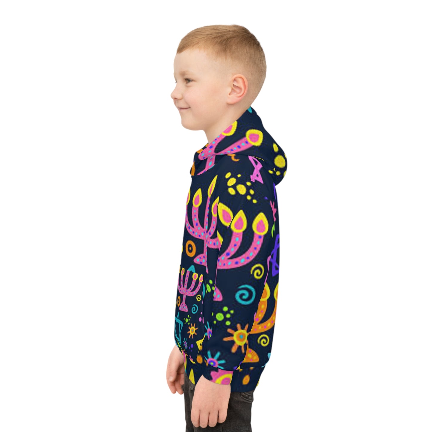 Vibrant Kids' Hoodie with Menorah and Stars, Cozy Holiday Wear, Perfect for Hanukkah, Gift for Children, Playful Design