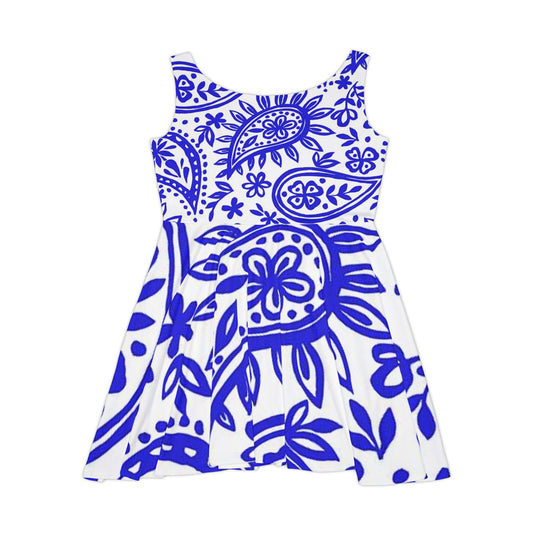 Blue Paisley Women's Skater Dress, Flowy Summer Dress, Casual Dress, Bohemian Style, Vacation Outfit, Festival Wear