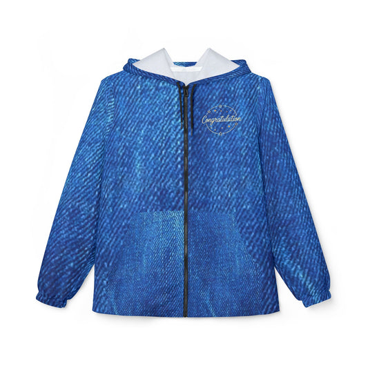 Stylish Denim Print Windbreaker Jacket, Rain Jacket for Outdoor Activities, Trendy Lightweight Jacket, Casual Wear, Perfect for Festivals