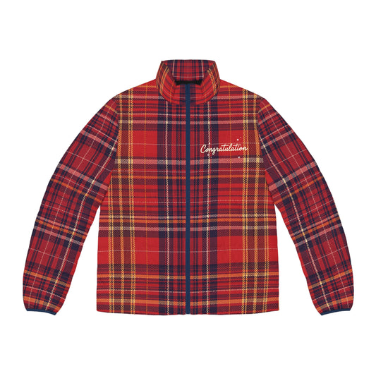 Plaid Men's Puffer Jacket in Red, Cozy Winter Outerwear, Perfect Gift for Holidays, Casual Style, Congratulations Theme