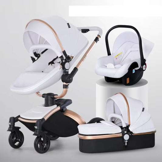 Baby Stroller 3 in 1 Luxury Pram for Newborn Carriage PU Leather High Landscape Trolley Car 360 Rotating Baby Pushchair Shell